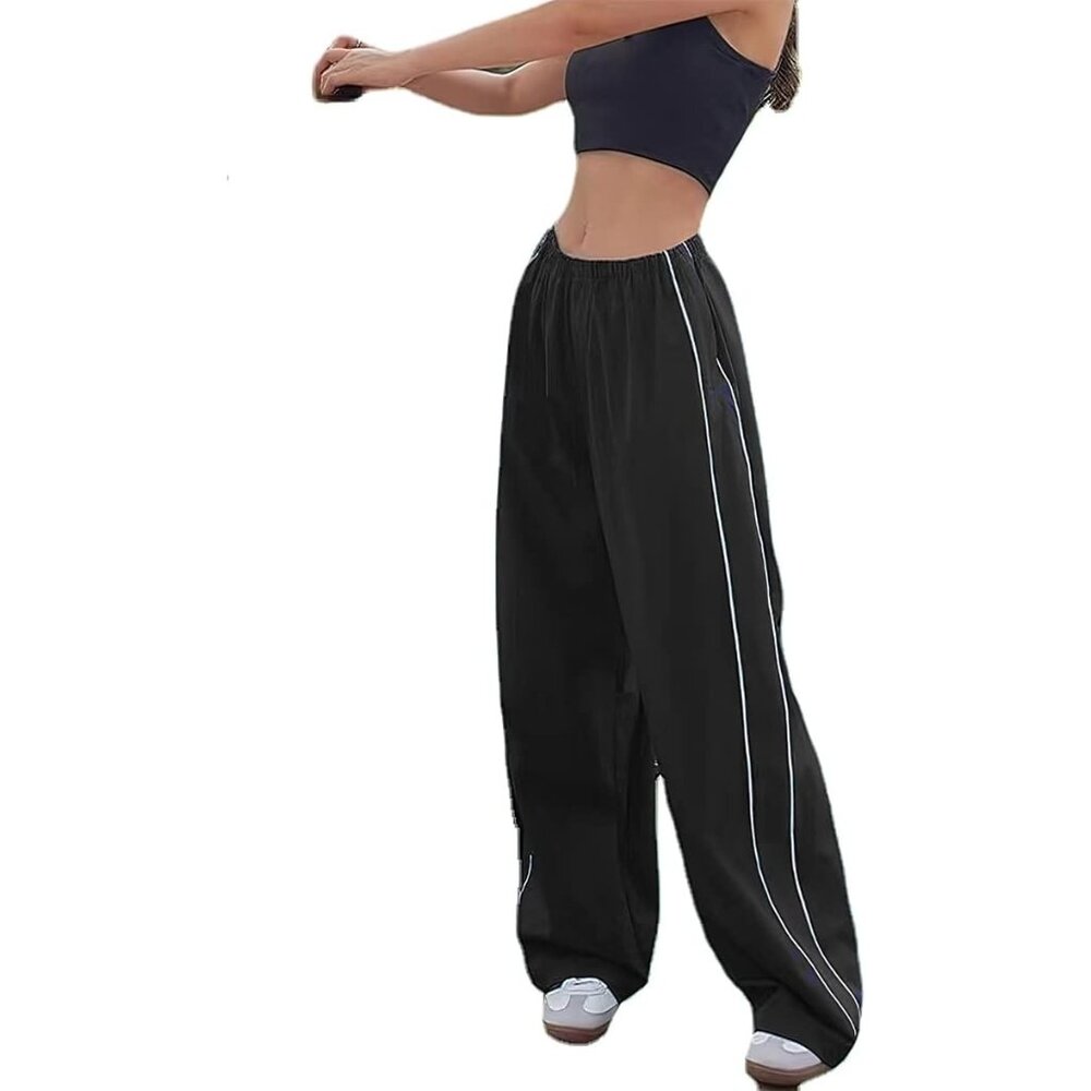 Womens Baggy Y2K Parachute Black Pants High Waisted Lightweight Streetwear